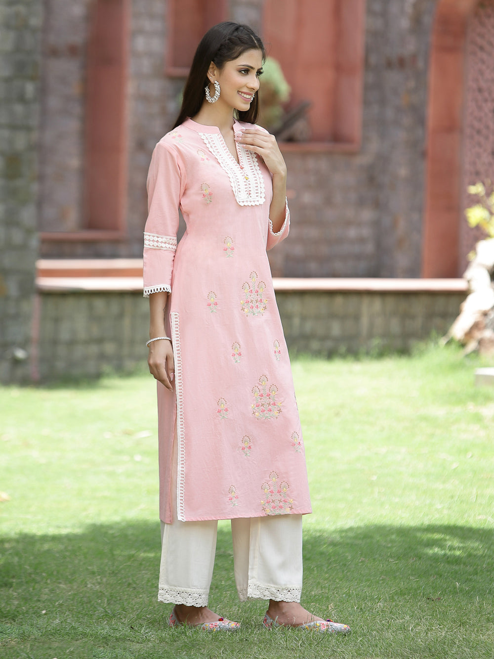 Juniper Peach Cambric Festive Embroidered Straight Kurta For Women | Grocsy