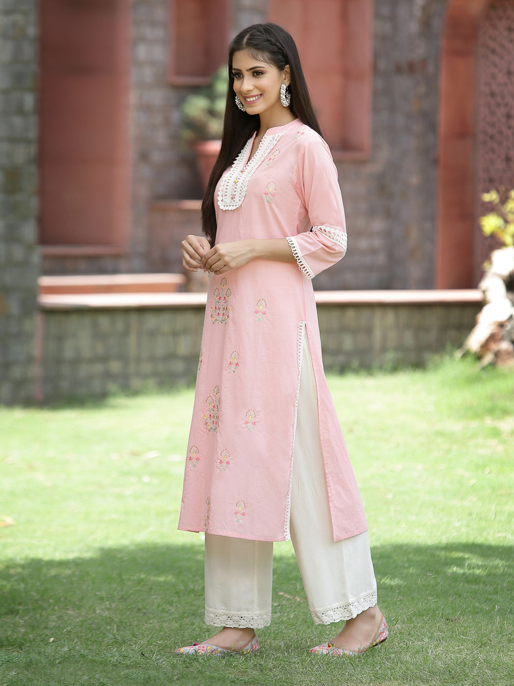 Juniper Peach Cambric Festive Embroidered Straight Kurta For Women | Grocsy
