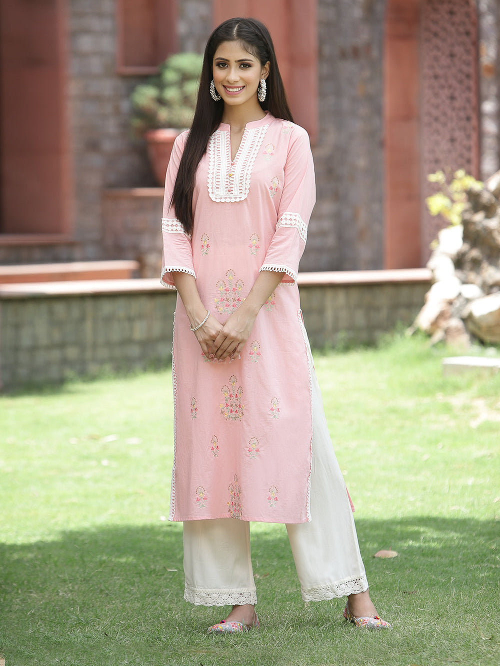 Juniper Peach Cambric Festive Embroidered Straight Kurta For Women | Grocsy