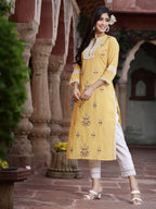 Juniper Women's Yellow Cambric Embroidered Straight Kurta | Grocsy