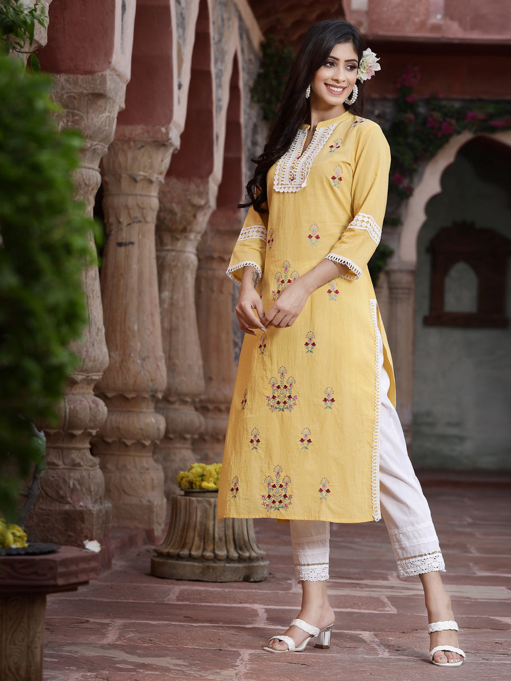 Juniper Women's Yellow Cambric Embroidered Straight Kurta | Grocsy