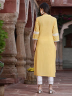 Juniper Women's Yellow Cambric Embroidered Straight Kurta | Grocsy