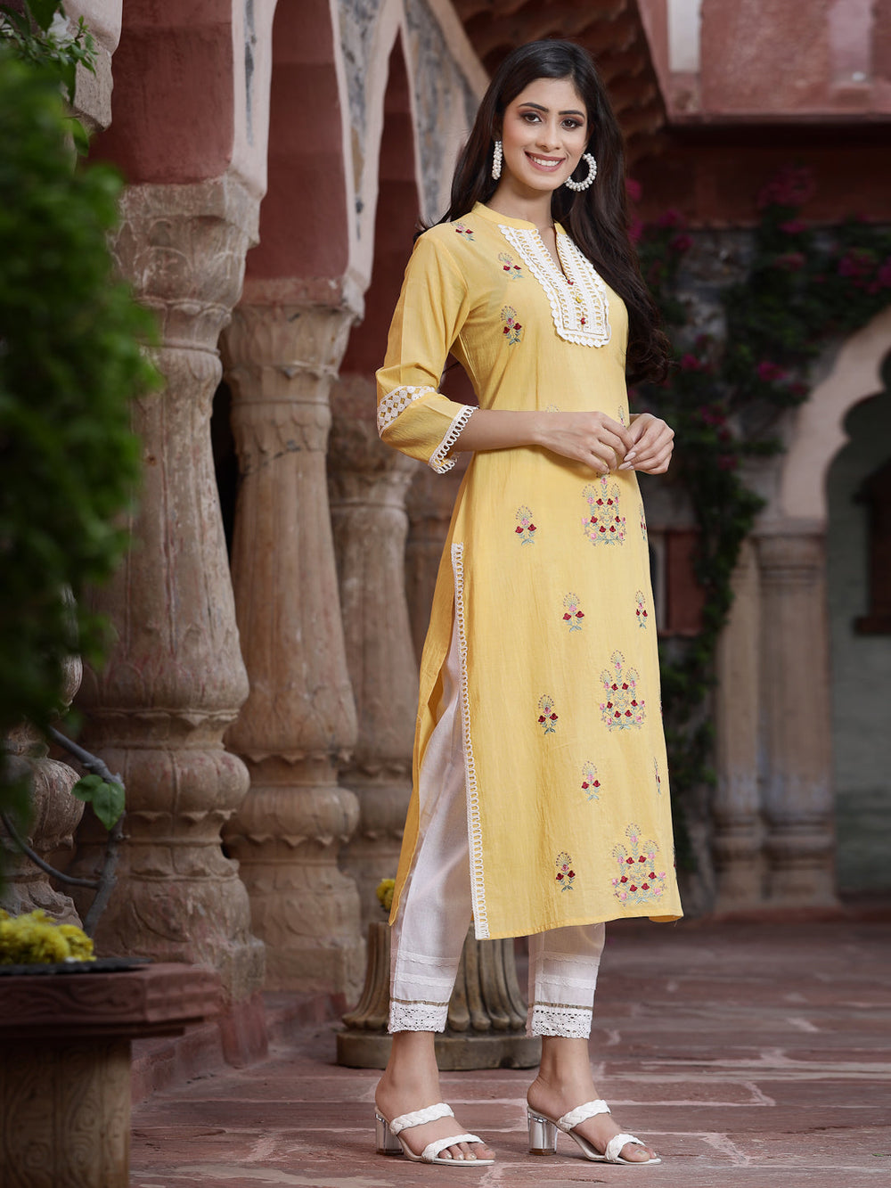 Juniper Women's Yellow Cambric Embroidered Straight Kurta | Grocsy