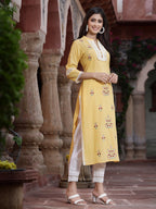 Juniper Women's Yellow Cambric Embroidered Straight Kurta | Grocsy