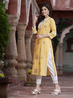 Juniper Women's Yellow Cambric Embroidered Straight Kurta | Grocsy