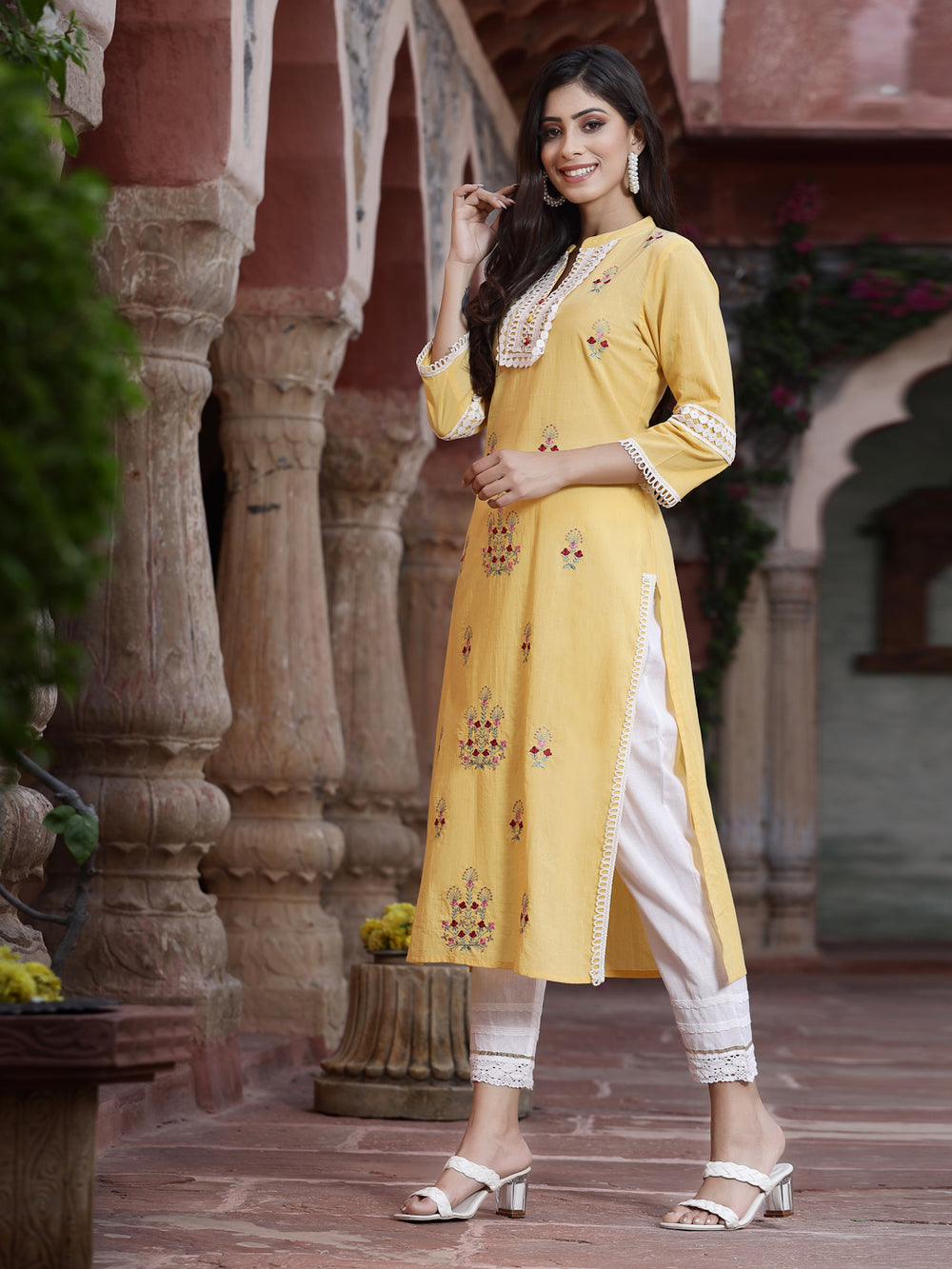 Juniper Women's Yellow Cambric Embroidered Straight Kurta | Grocsy