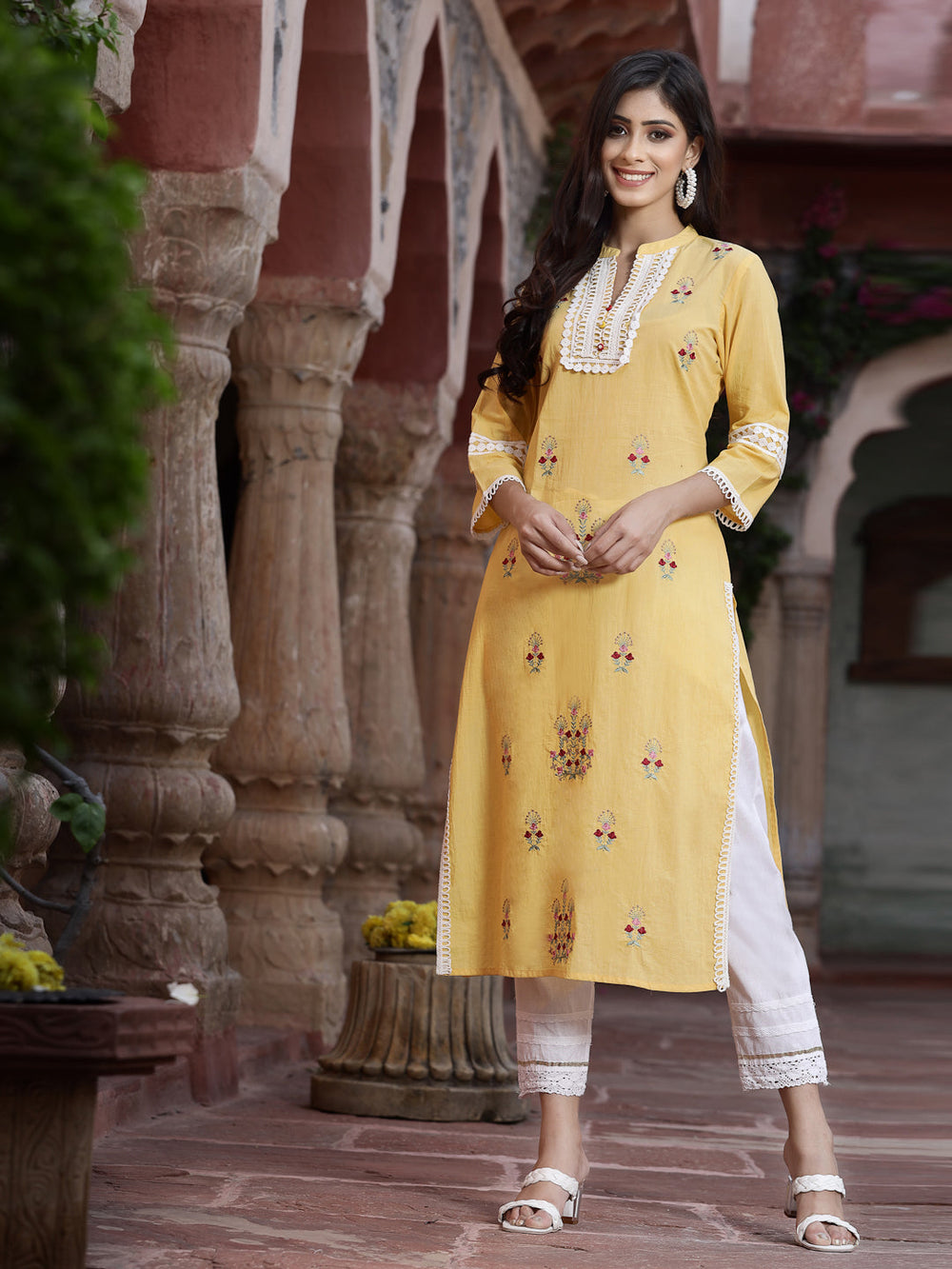 Juniper Women's Yellow Cambric Embroidered Straight Kurta | Grocsy