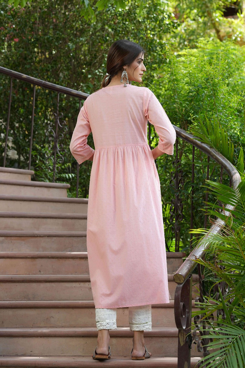 Juniper Peach Cotton Dobby Festive Embroidered A-Line Long Kurta For Women | Grocsy