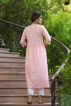 Juniper Peach Cotton Dobby Festive Embroidered A-Line Long Kurta For Women | Grocsy