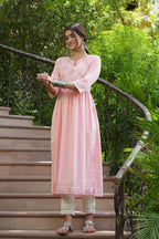 Juniper Peach Cotton Dobby Festive Embroidered A-Line Long Kurta For Women | Grocsy