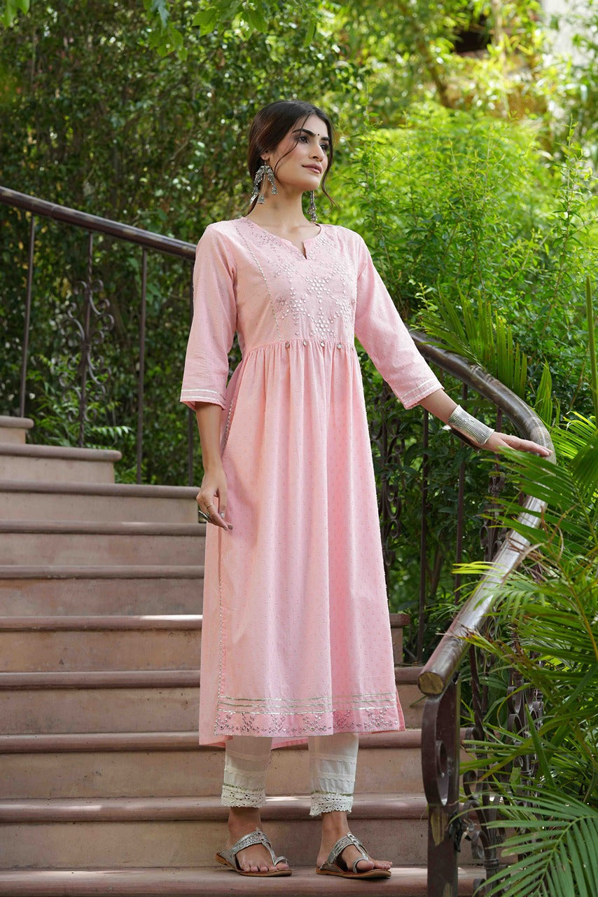Juniper Peach Cotton Dobby Festive Embroidered A-Line Long Kurta For Women | Grocsy