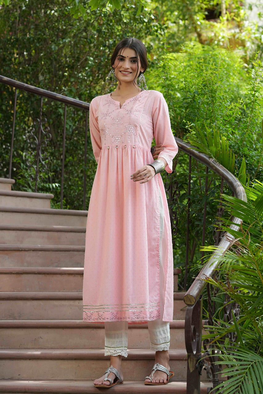 Juniper Peach Cotton Dobby Festive Embroidered A-Line Long Kurta For Women | Grocsy