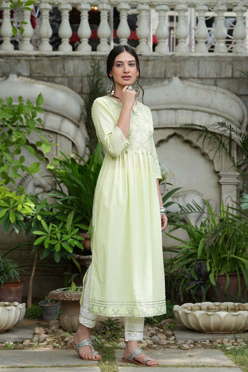 Juniper Pista Green Cotton Dobby Festive Embroidered A-Line Long Kurta For Women | Grocsy