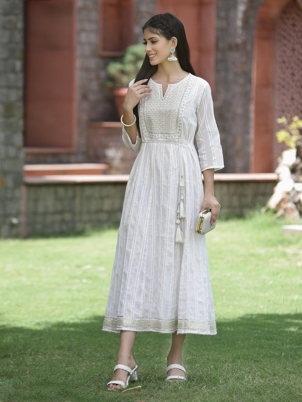 Juniper White Cotton Lurex Festive Embroidered Flared Long Dress For Women | Grocsy