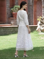 Juniper White Cotton Lurex Festive Embroidered Flared Long Dress For Women | Grocsy
