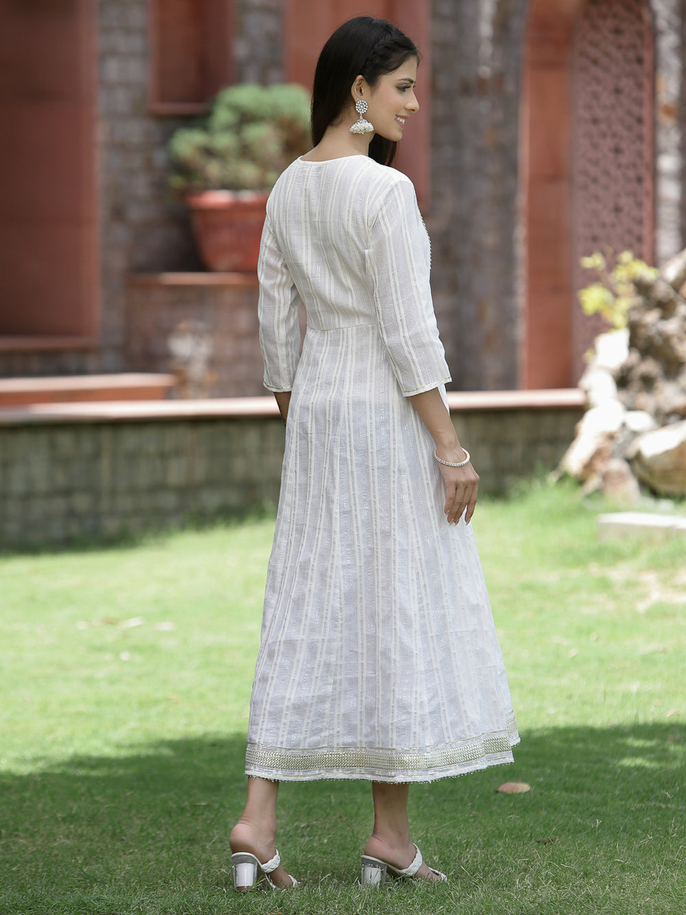 Juniper White Cotton Lurex Festive Embroidered Flared Long Dress For Women | Grocsy