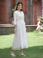 Juniper White Cotton Lurex Festive Embroidered Flared Long Dress For Women | Grocsy
