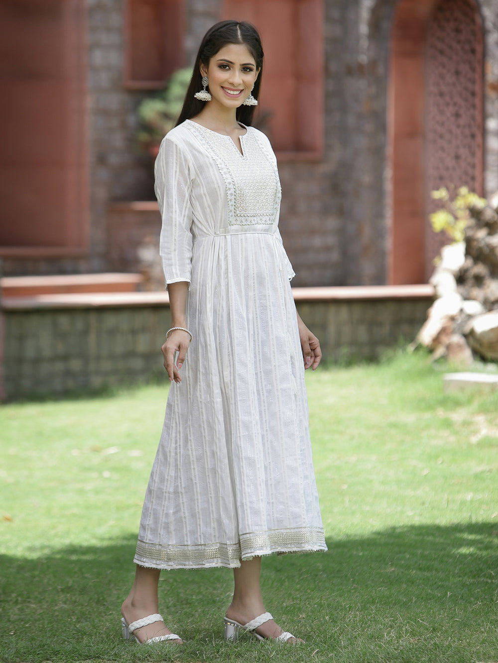 Juniper White Cotton Lurex Festive Embroidered Flared Long Dress For Women | Grocsy
