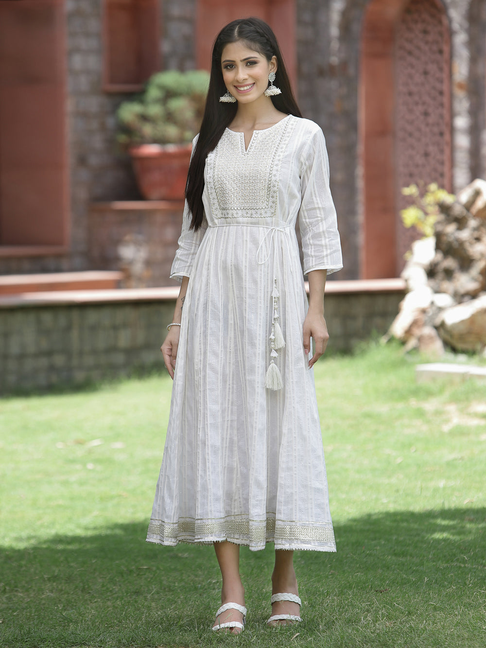 Juniper White Cotton Lurex Festive Embroidered Flared Long Dress For Women | Grocsy