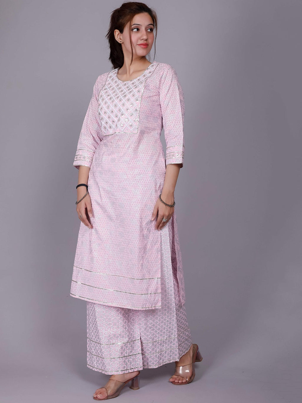 HERE&NOW Pink Ethnic Motifs Embroidered Sequinned Pure Cotton Kurta with Palazzos | Grocsy