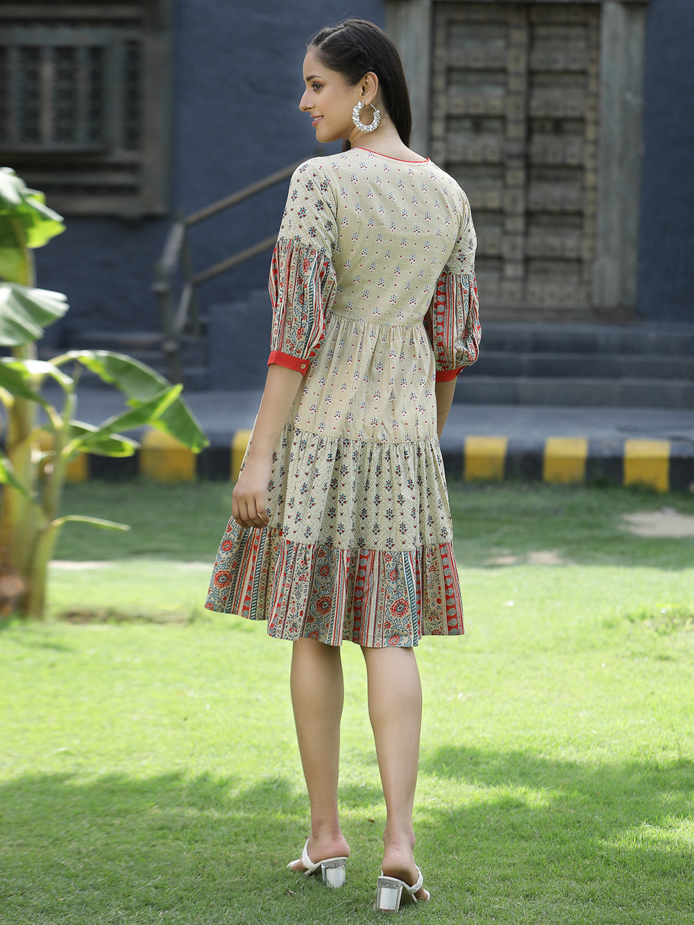 Juniper Beige Cambric Festive Embroidered Tiered Short Dress For Women | Grocsy