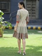 Juniper Beige Cambric Festive Embroidered Tiered Short Dress For Women | Grocsy