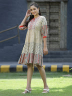 Juniper Beige Cambric Festive Embroidered Tiered Short Dress For Women | Grocsy