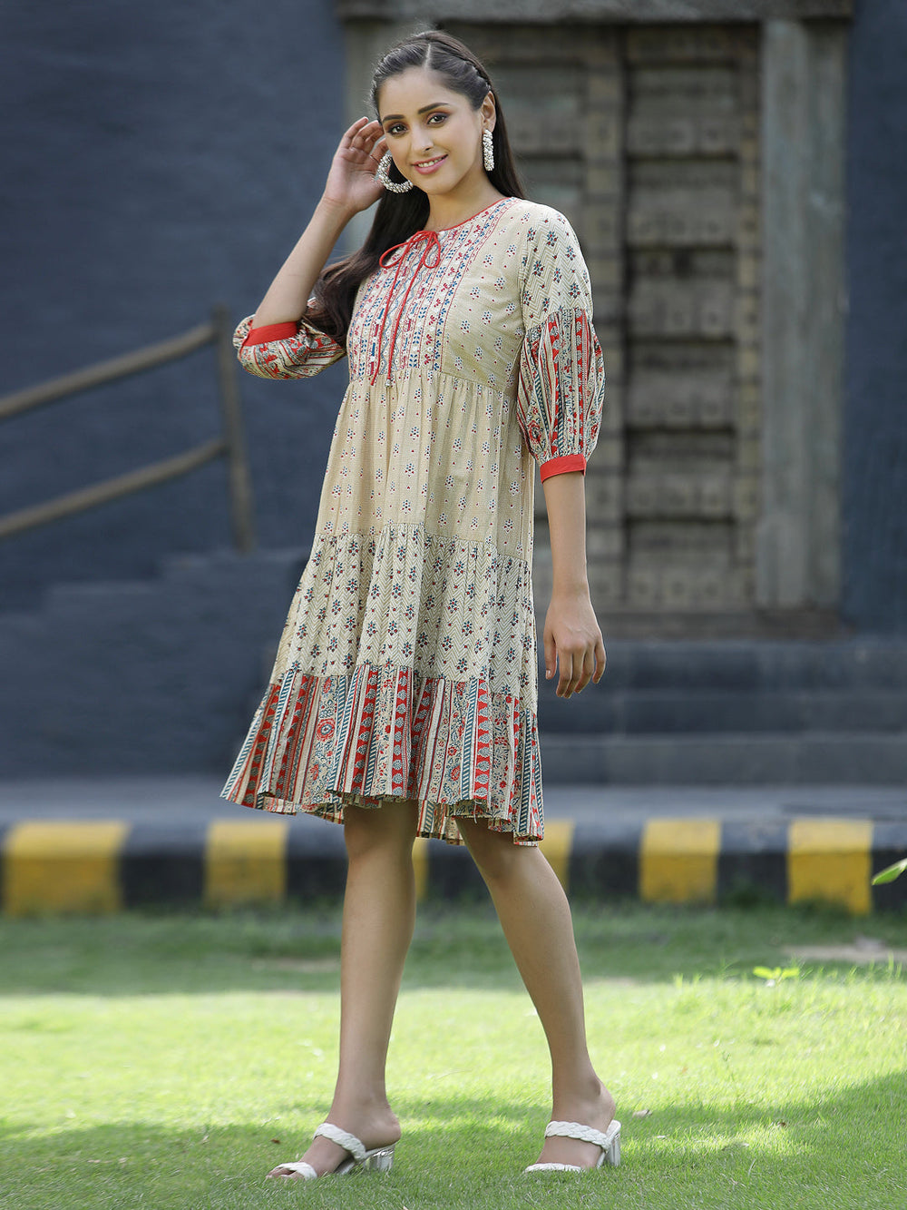 Juniper Beige Cambric Festive Embroidered Tiered Short Dress For Women | Grocsy