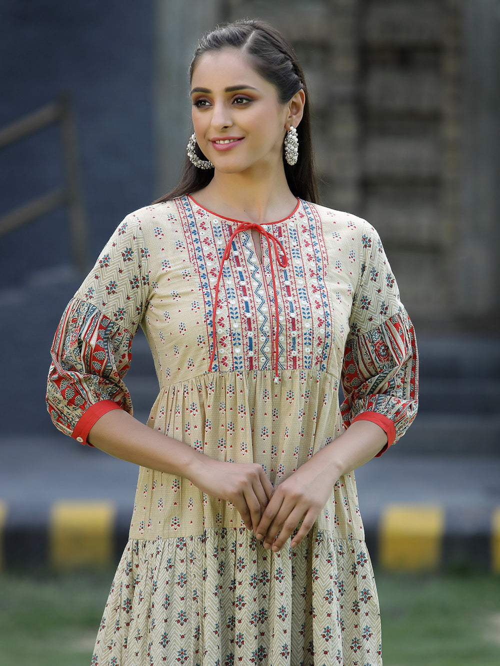 Juniper Beige Cambric Festive Embroidered Tiered Short Dress For Women | Grocsy