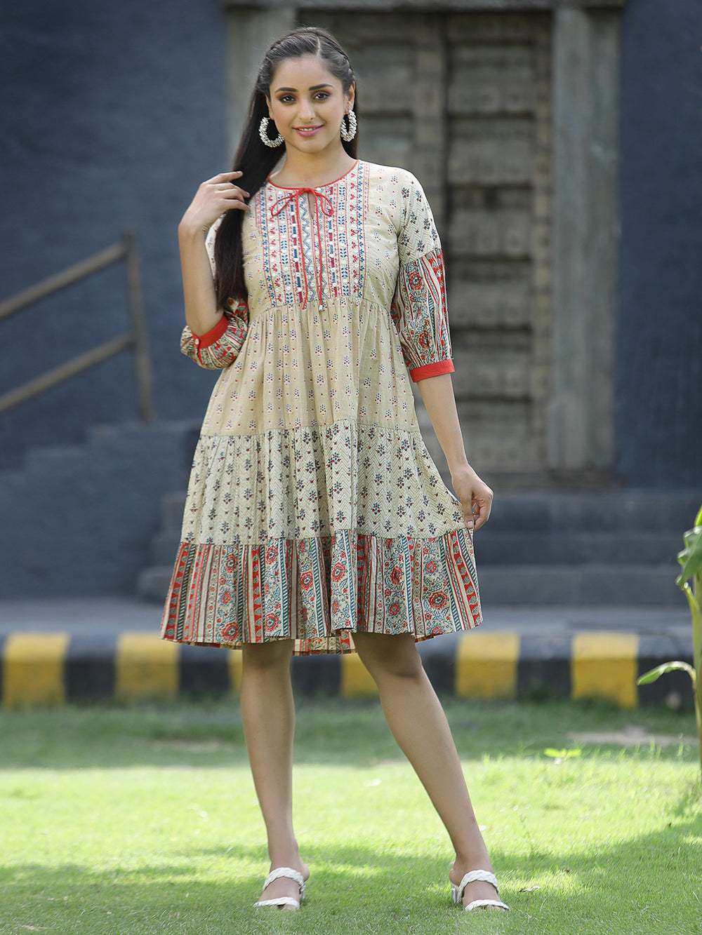 Juniper Beige Cambric Festive Embroidered Tiered Short Dress For Women | Grocsy