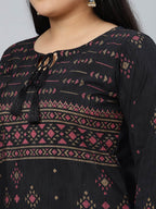 Sztori Plus Size Black Printed Keyhole Neck Straight Kurta with Palazzos | Grocsy