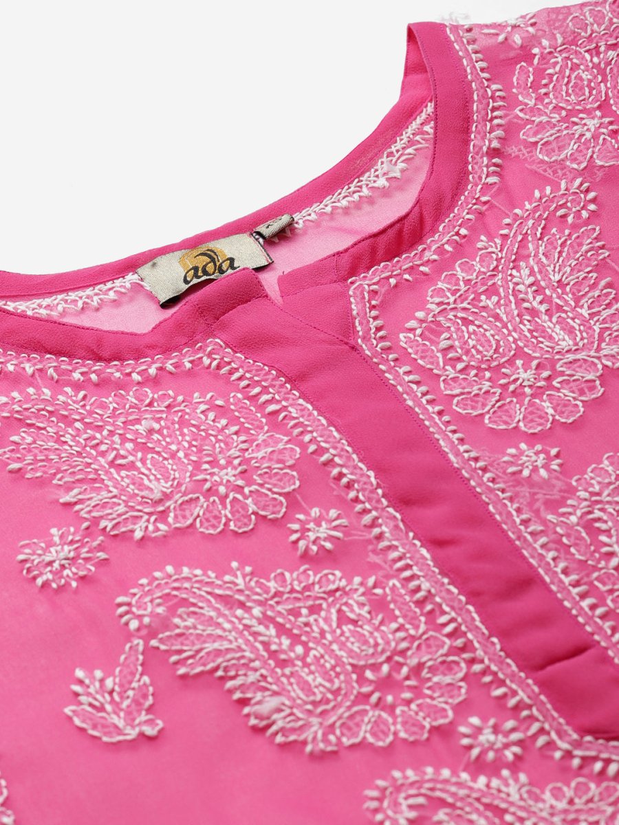 ADA Women Pink & White Sheer Chikankari Embroidered Straight Handloom Kurta with Inner | Grocsy