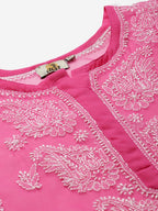 ADA Women Pink & White Sheer Chikankari Embroidered Straight Handloom Kurta with Inner | Grocsy