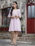 Juniper Women's Lavender Cotton Dobby Embroidered A-Line Short Dress | Grocsy