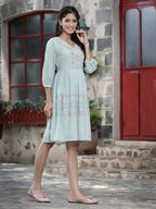 Juniper Women's Mint Green Cotton Dobby Embroidered A-Line Short Dress | Grocsy