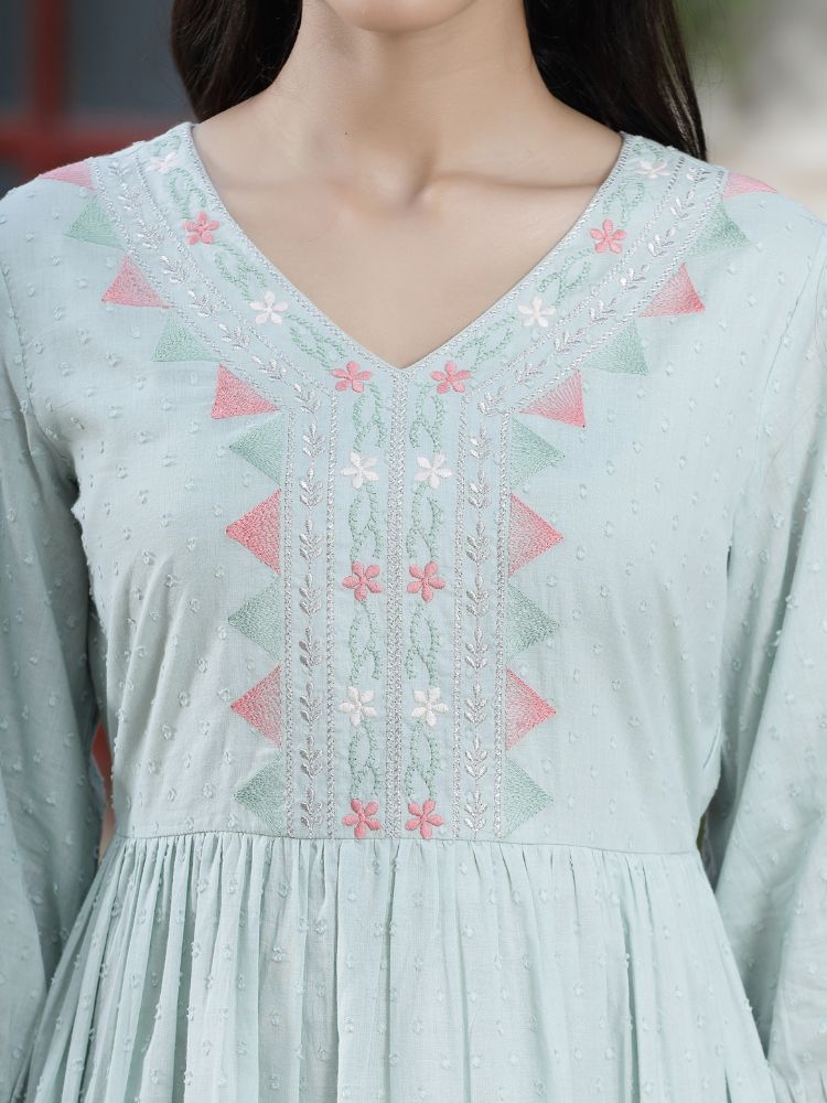 Juniper Women's Mint Green Cotton Dobby Embroidered A-Line Short Dress | Grocsy