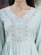 Juniper Women's Mint Green Cotton Dobby Embroidered A-Line Short Dress | Grocsy
