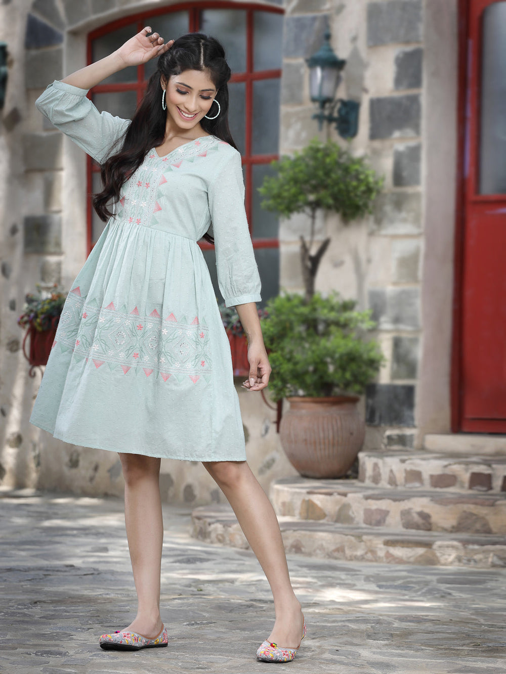 Juniper Women's Mint Green Cotton Dobby Embroidered A-Line Short Dress | Grocsy