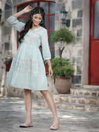 Juniper Women's Mint Green Cotton Dobby Embroidered A-Line Short Dress | Grocsy
