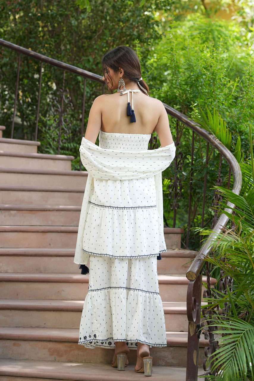 Juniper Off - White Cotton Dobby Festive Embroidered Tiered Skd For Women | Grocsy