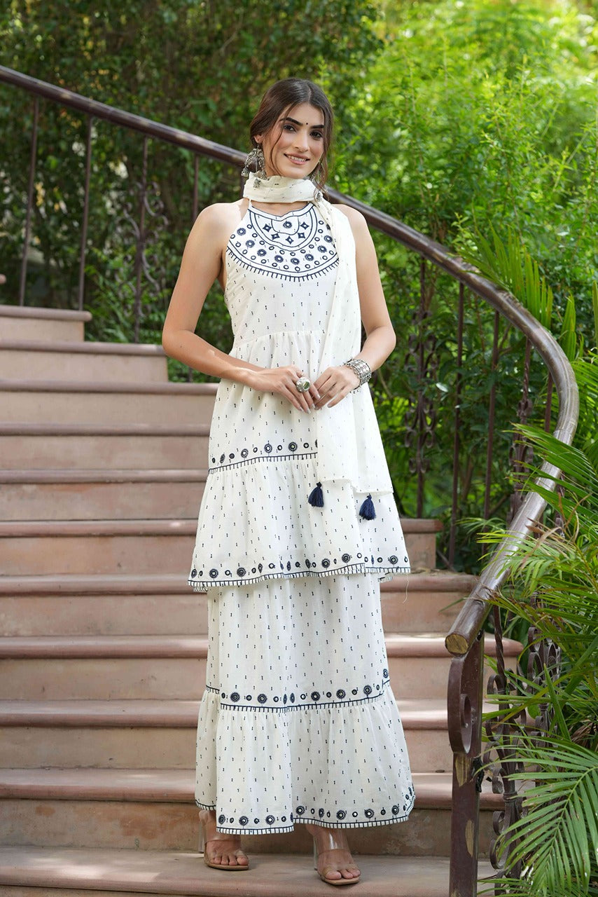 Juniper Off - White Cotton Dobby Festive Embroidered Tiered Skd For Women | Grocsy