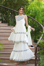 Juniper Off - White Cotton Dobby Festive Embroidered Tiered Skd For Women | Grocsy