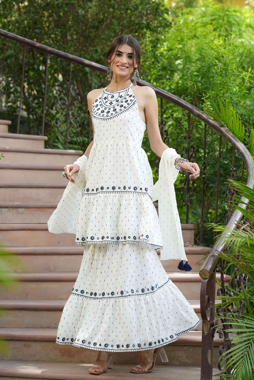 Juniper Off - White Cotton Dobby Festive Embroidered Tiered Skd For Women | Grocsy