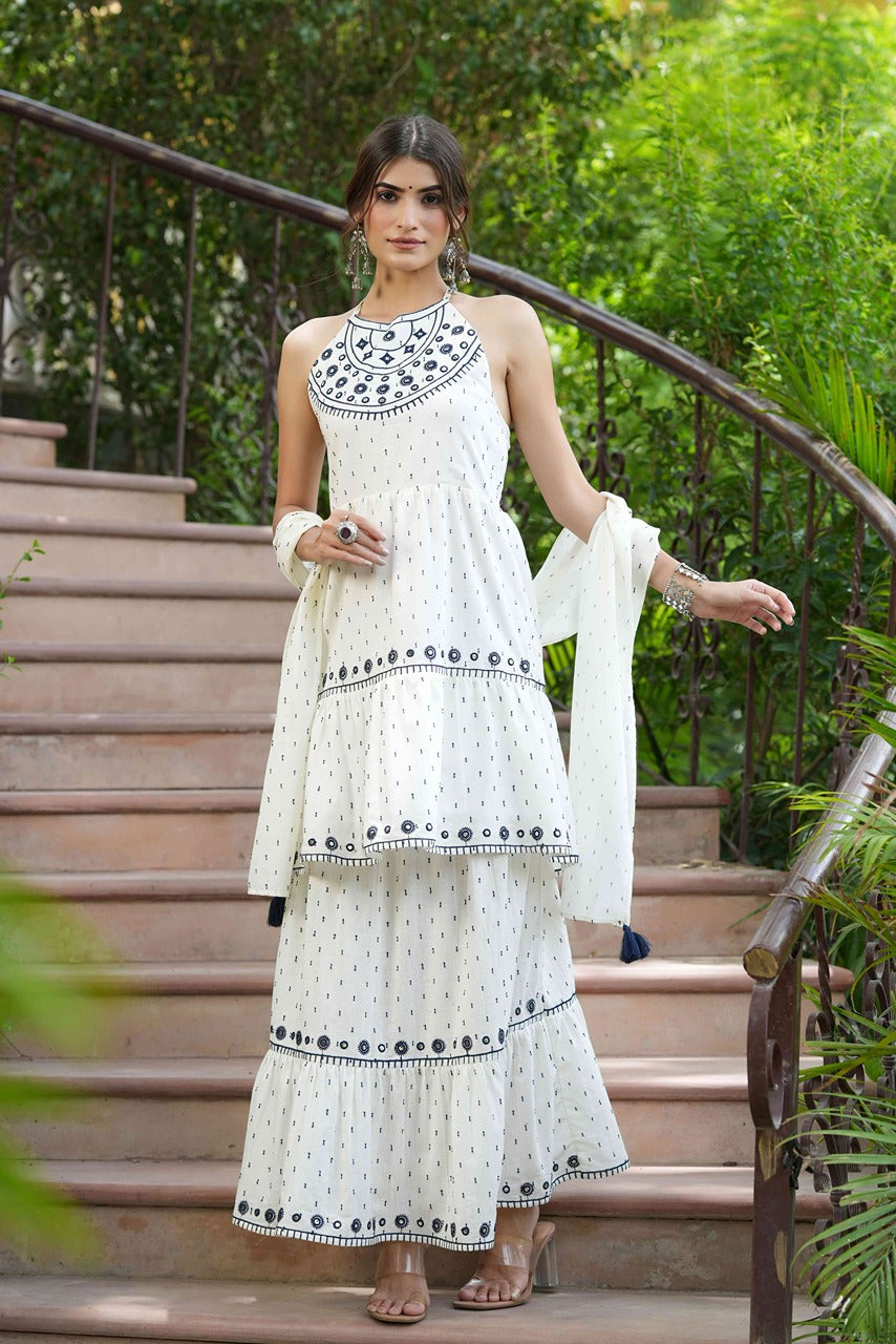 Juniper Off - White Cotton Dobby Festive Embroidered Tiered Skd For Women | Grocsy