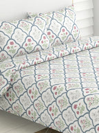 haus & kinder Blue & White Ethnic Motifs 186 TC King Bedsheet with 2 Pillow Covers | Grocsy