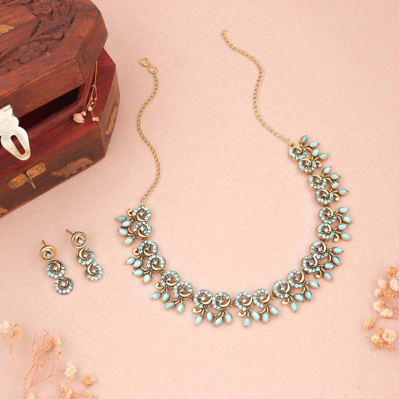 Tehzeeb Creations Gold Pleate Sky Blue Colour Choker Set | Grocsy