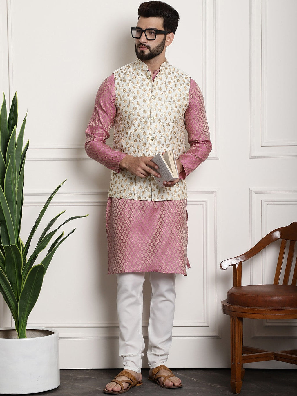 Sojanya Woven Design Mandarin Collar Kurta with Churidar & Nehru Jacket | Grocsy