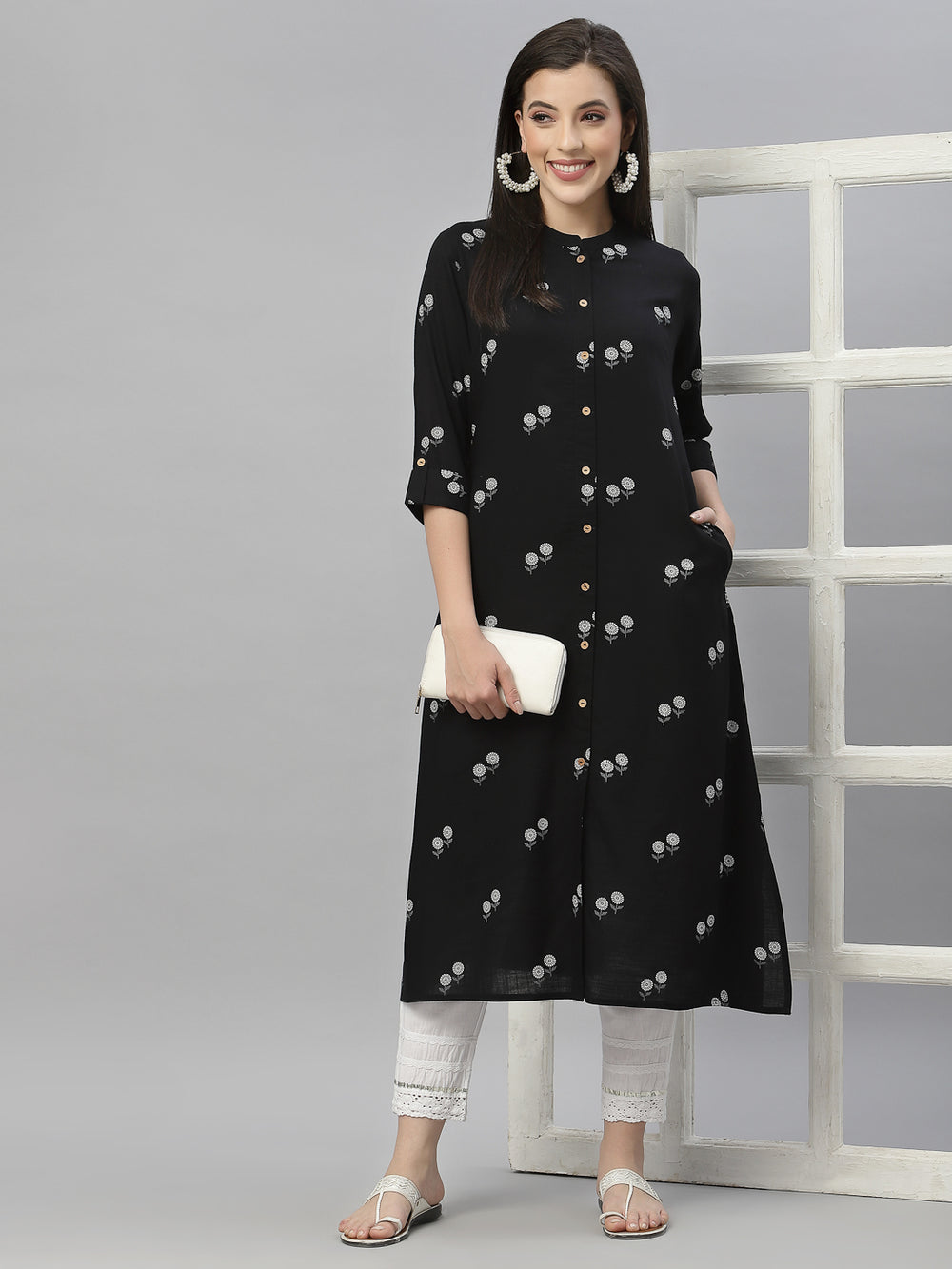 Juniper Black Rayon Festive Printed A-Line Kurta For Women | Grocsy