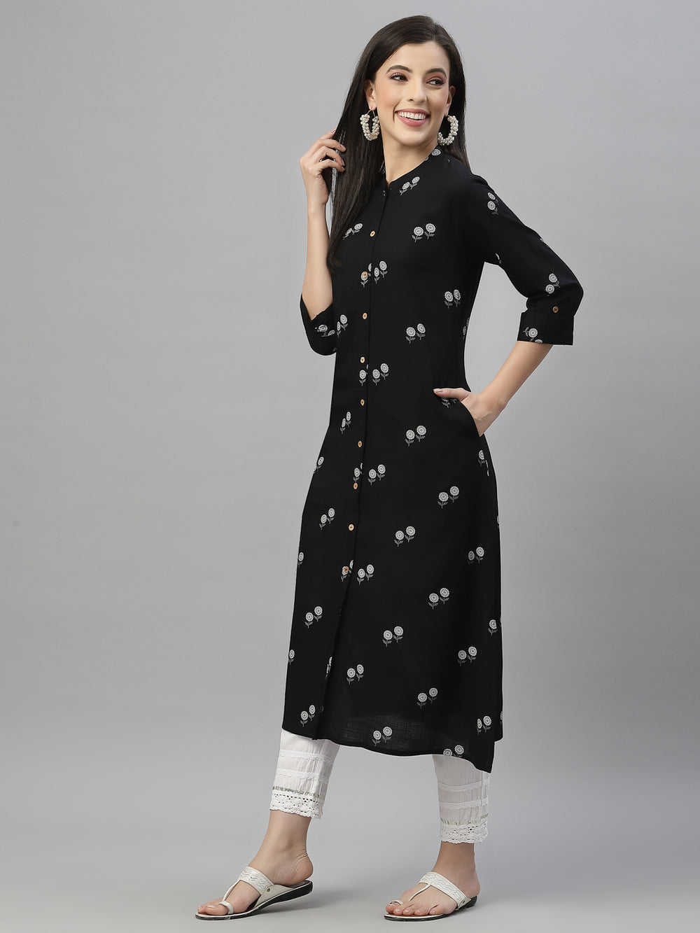 Juniper Black Rayon Festive Printed A-Line Kurta For Women | Grocsy