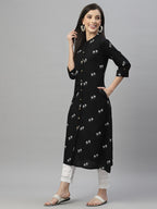 Juniper Black Rayon Festive Printed A-Line Kurta For Women | Grocsy